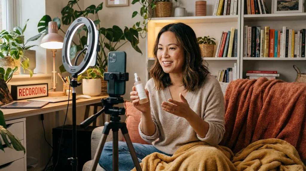 Creatorin produziert mit Smartphone und Ringlicht ein UGC-Video für eine Marke