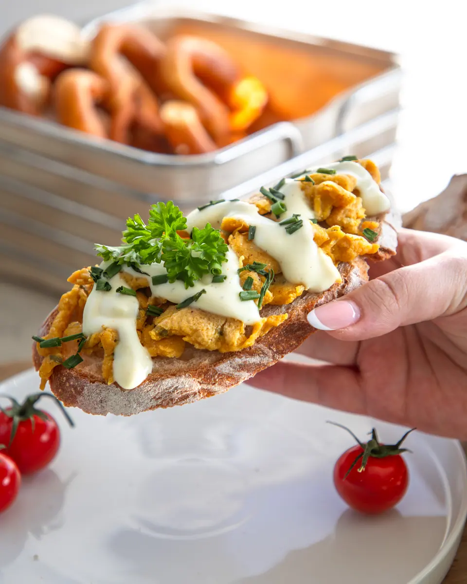 Eine Hand hält Brot mit Rührei-Alternative und Gemüse