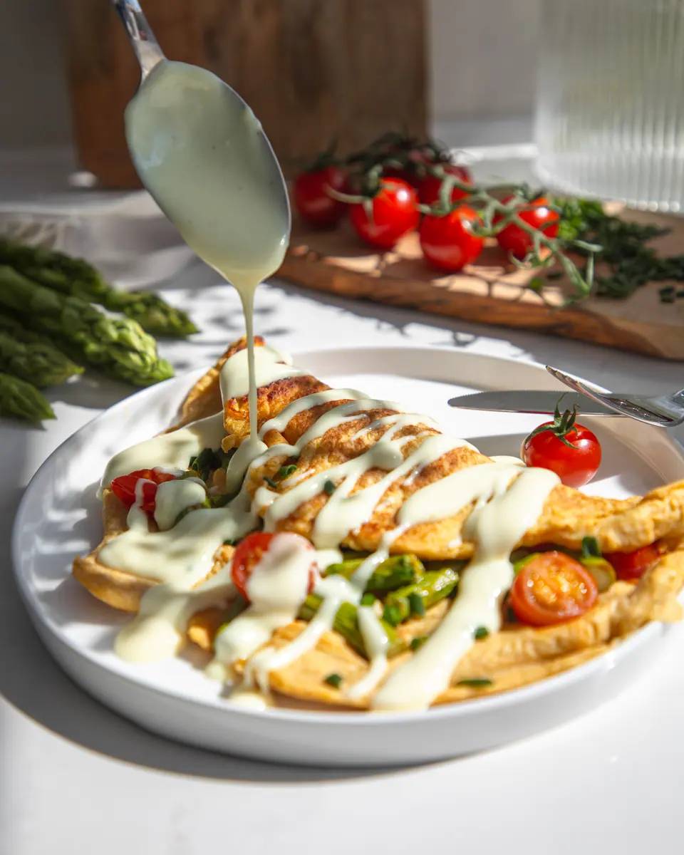 Sauce wird über ein angerichtetes Gericht mit Gemüse gegeben