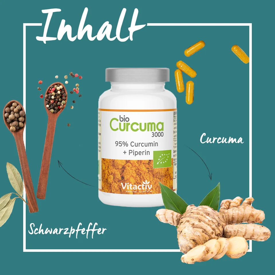 Türkisfarbener Feelgood-Shop-Beitrag mit Curcuma-Packung, Kurkuma und schwarzem Pfeffer