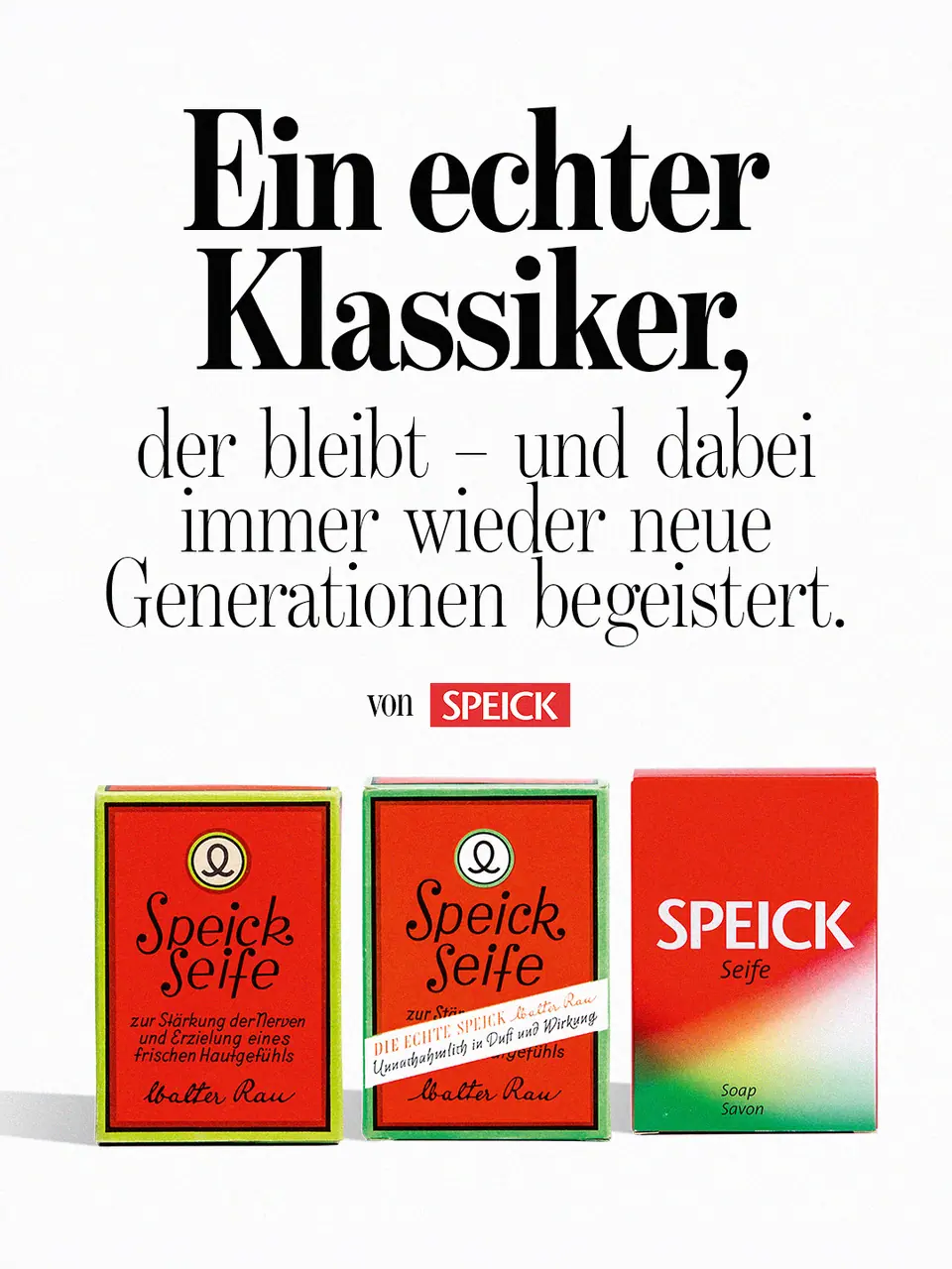 Gestalteter Speick-Beitrag mit roten Produktpackungen und typografischem Markenstatement