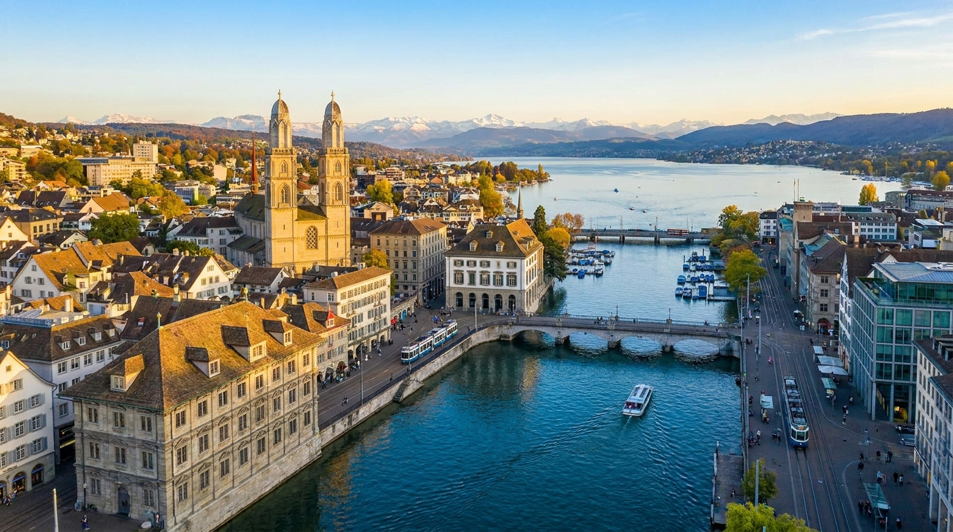 Influencer Marketing Agentur Zürich – Stadtpanorama mit Zürichsee und Alpen